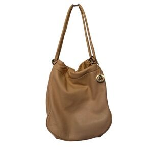 Donald J Pliner Leather Hobo Shoulder Bag Tan Gold Tone Logo Accent Chic Boho